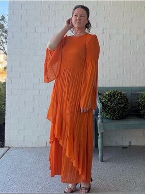 Zadie B’s Orange Pleated Midi Dress One Size Boho Ruffle Anthropologie Style NWT